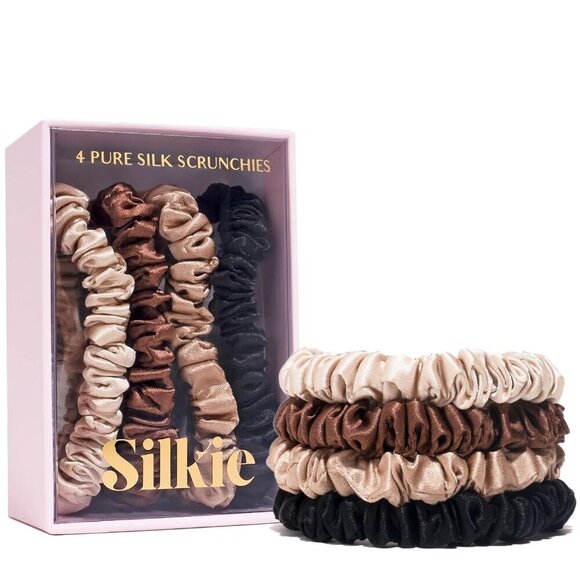 Silk Scrunchies Pack of 4 Black Brown Hair Ties No Damage Travel Pouch main image 4